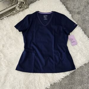 Landau Scrub Top. Proflex 3-Pocket V-Neck with Rib Knit Detail. True Navy. Size